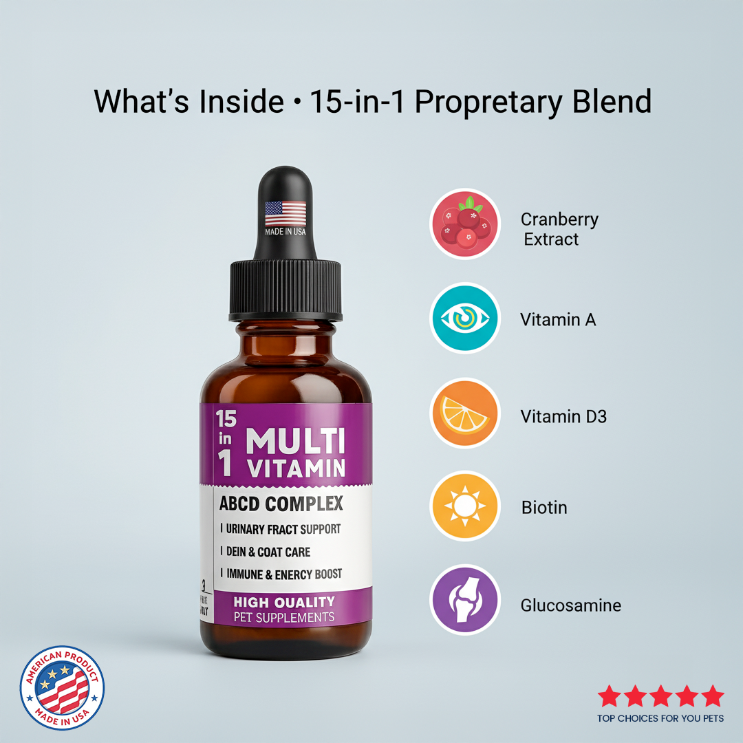 15-in-1 Liquid Multivitamin for Dogs & Cats – Skin, Coat, Joints, Immunity & Urinary Support